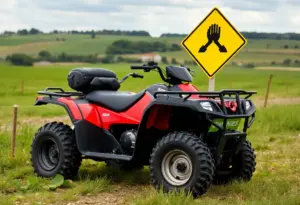 An ATV parked on a Kentucky farm with safety signs visible.