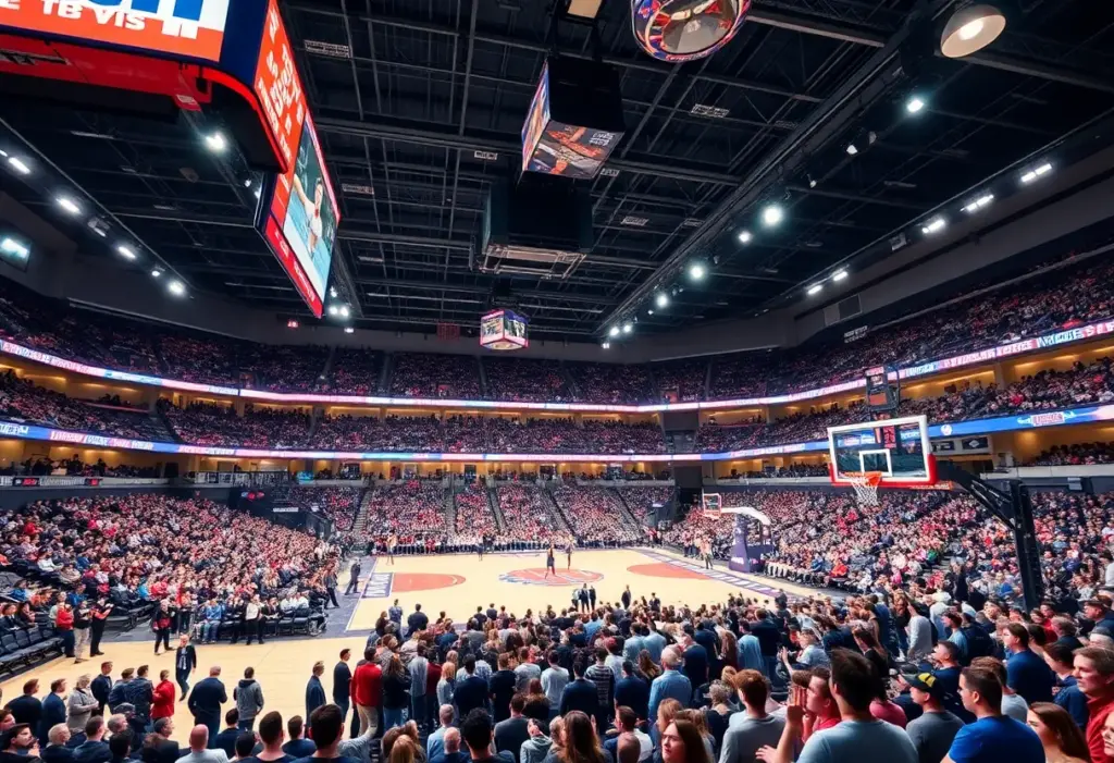 Modern lighting fixtures illuminating a basketball court during Big Blue Madness