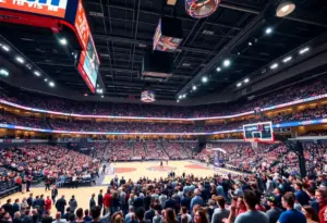 Modern lighting fixtures illuminating a basketball court during Big Blue Madness