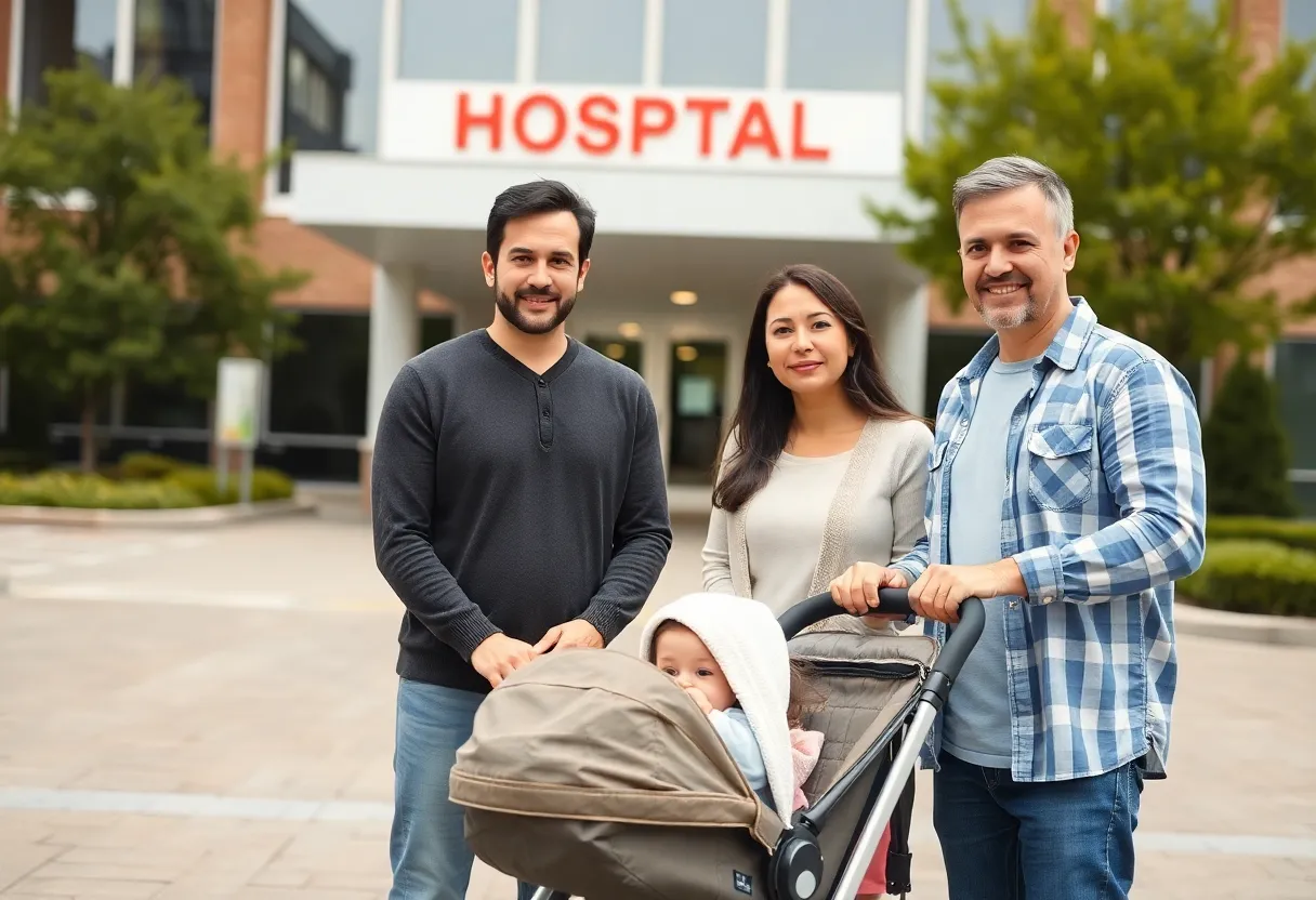 Family outside hospital with stroller
