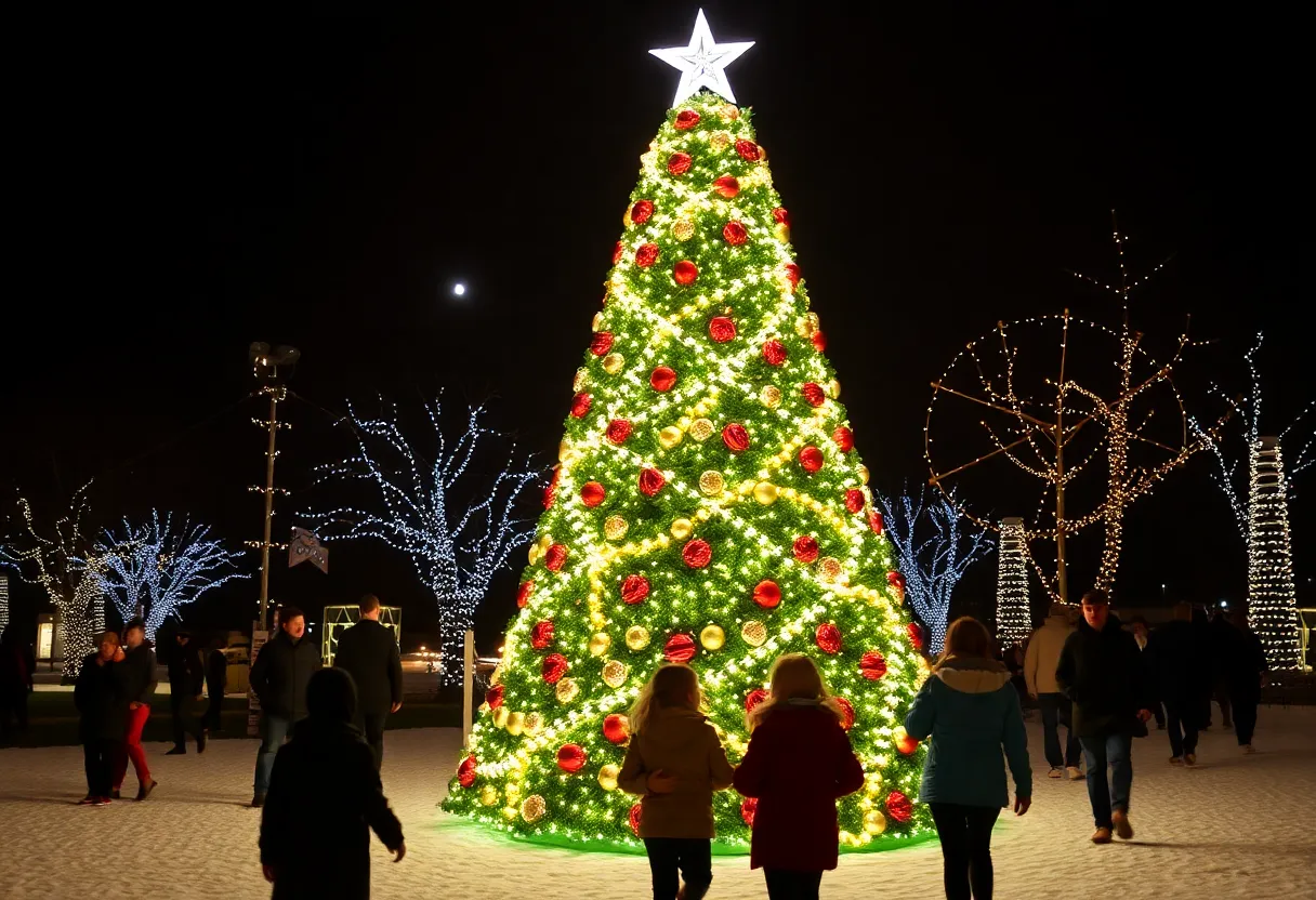 The U.S. Capitol Christmas Tree 'Silver Belle' illuminated at Gatton Park during a community celebration.