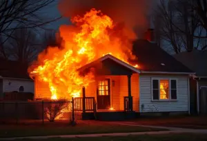 Smoke and flames coming from a house indicating an arson incident