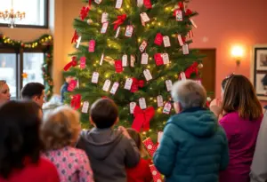 Community members engaging in the CASA Joy Tree holiday event.