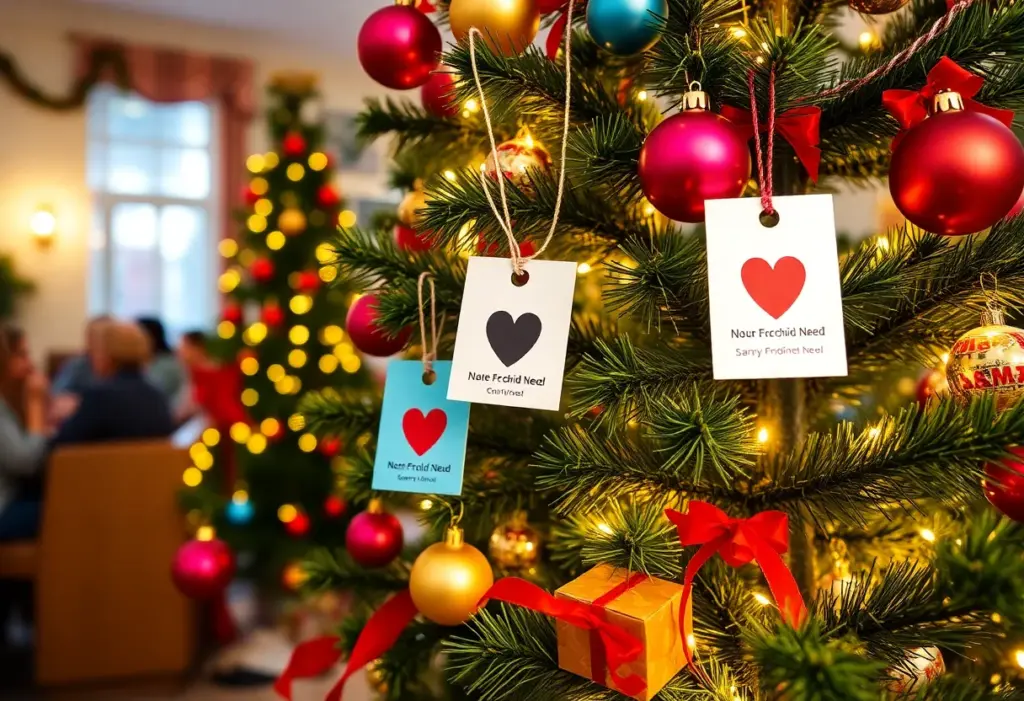 A decorated Christmas tree with gift tags for children in a charity program.