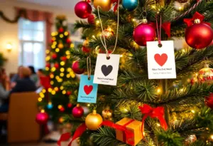 A decorated Christmas tree with gift tags for children in a charity program.