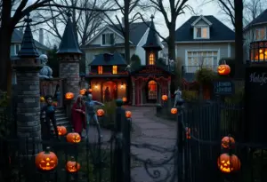 Haunted maze with castle decorations at night