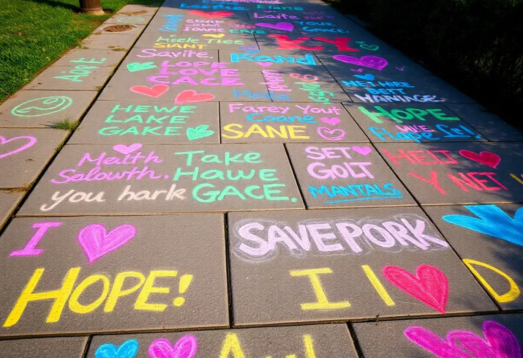 Colorful sidewalk chalk messages promoting mental health awareness