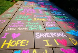 Colorful sidewalk chalk messages promoting mental health awareness