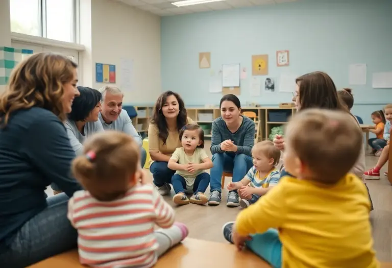 Parents discussing child care options with children playing