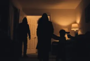 Illustration of a home defense scenario with intruders