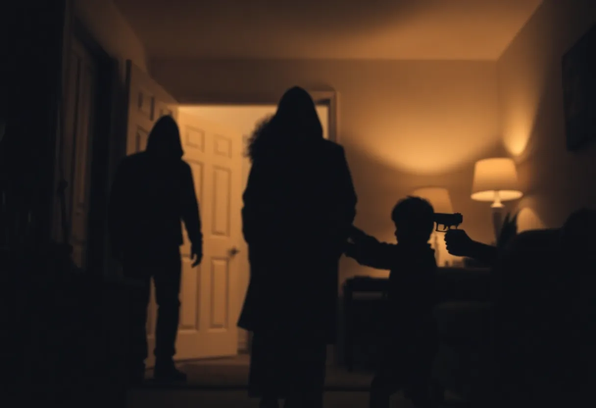 Illustration of a home defense scenario with intruders