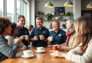 Local residents engaging with police officers at a coffee shop in Lexington
