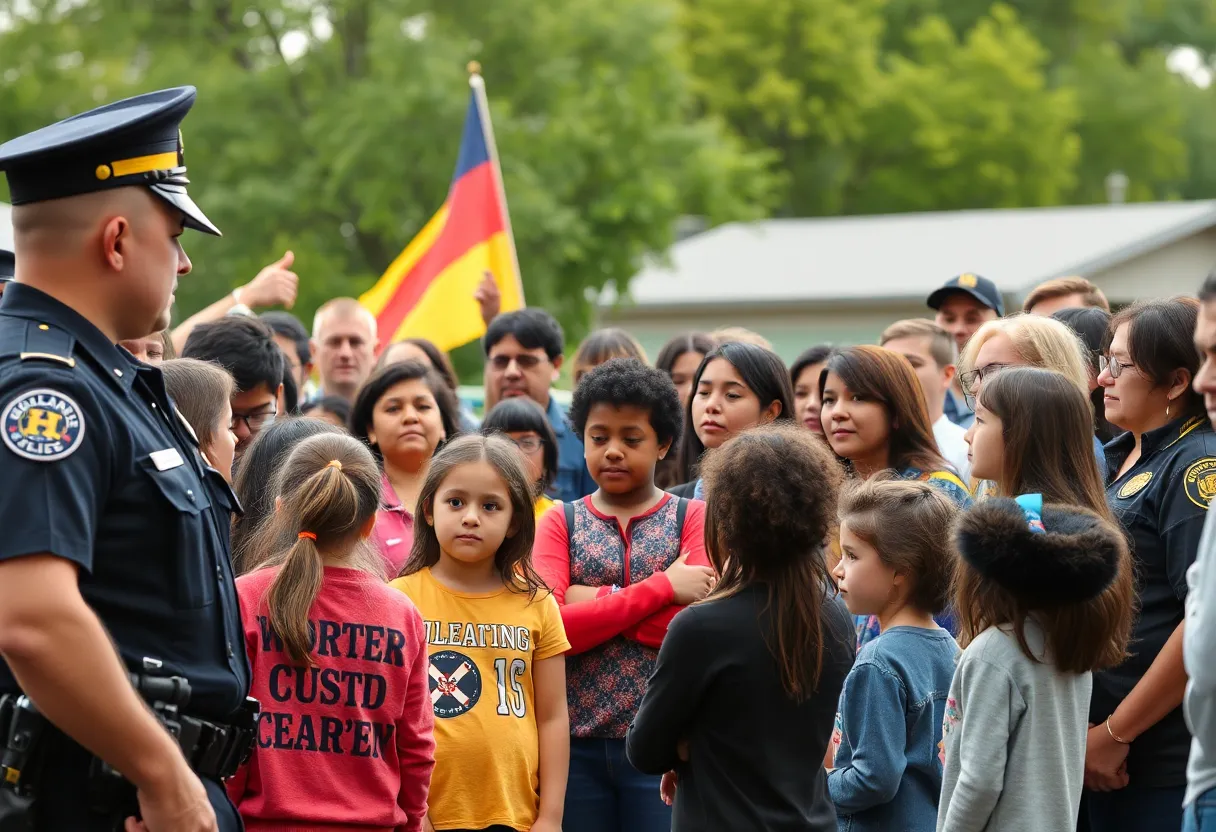 Community members discussing child safety concerns with law enforcement.