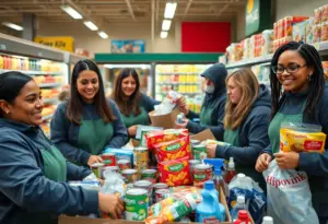 Volunteers collecting food for students at a community food drive.