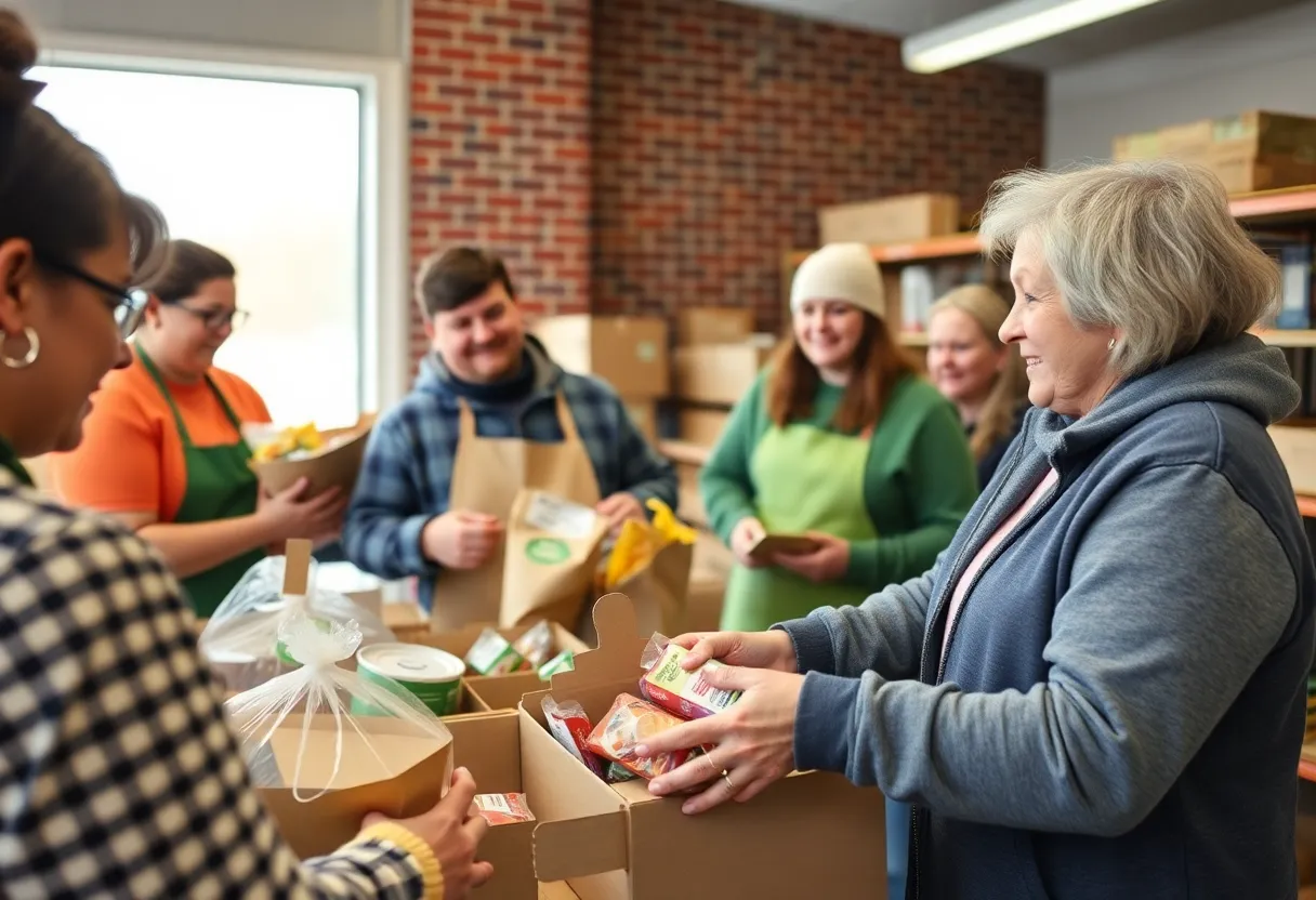 Volunteers at a food pantry distributing food to families in Kentucky.