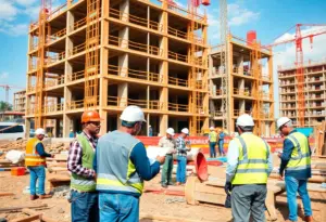 Workers on a construction site demonstrating teamwork and innovation