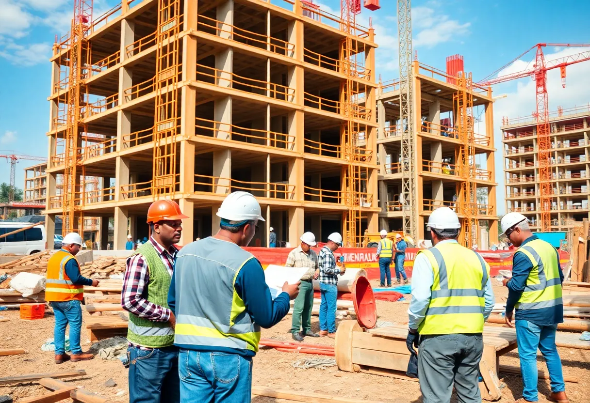 Workers on a construction site demonstrating teamwork and innovation