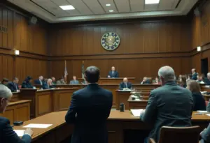 Courtroom scene depicting legal proceedings