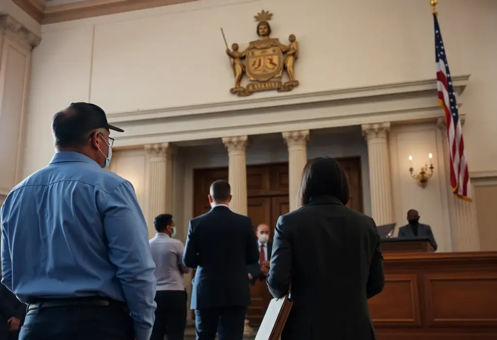 A courtroom during a trial related to COVID relief fraud.