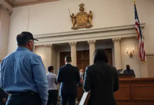 A courtroom during a trial related to COVID relief fraud.