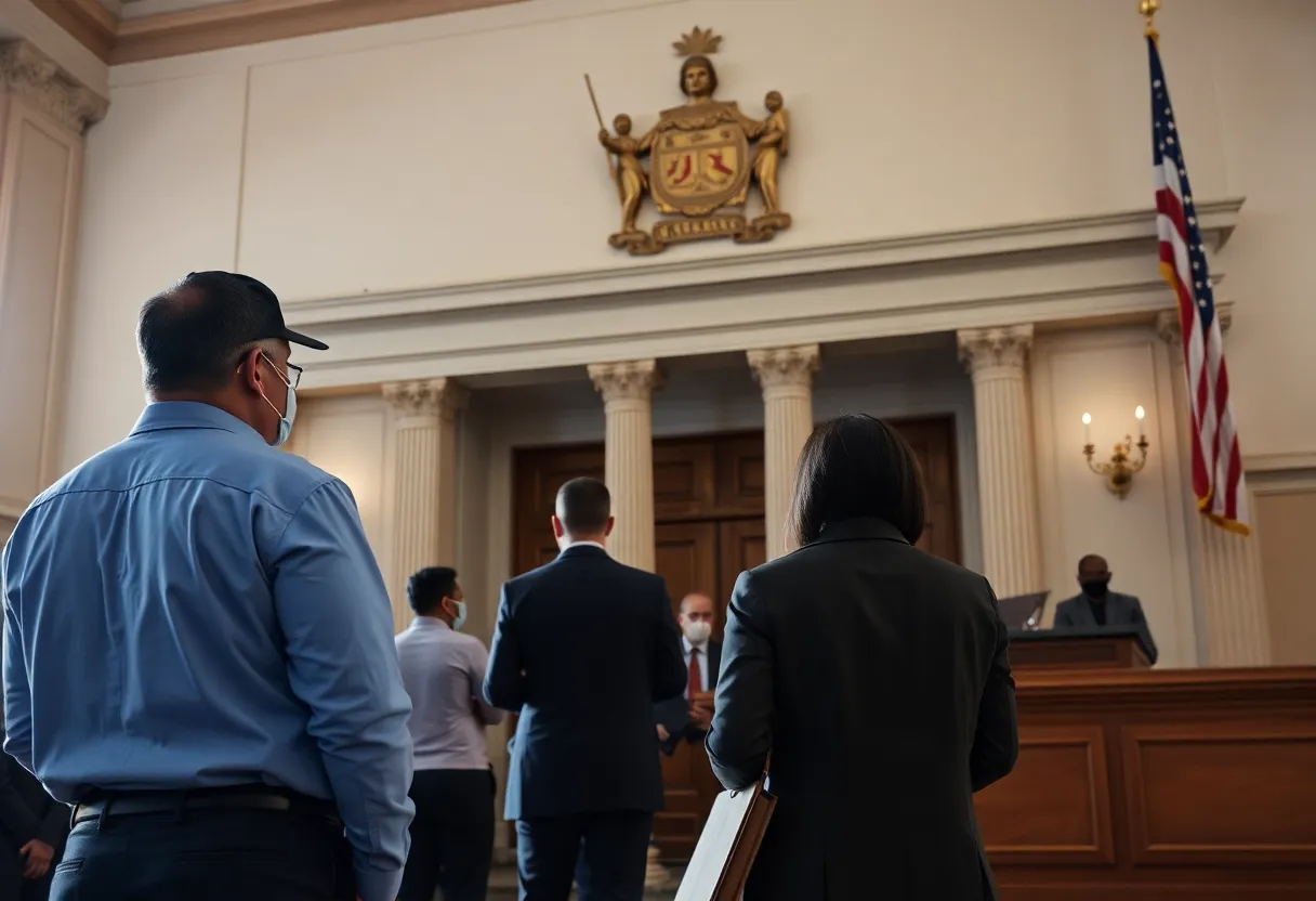 A courtroom during a trial related to COVID relief fraud.