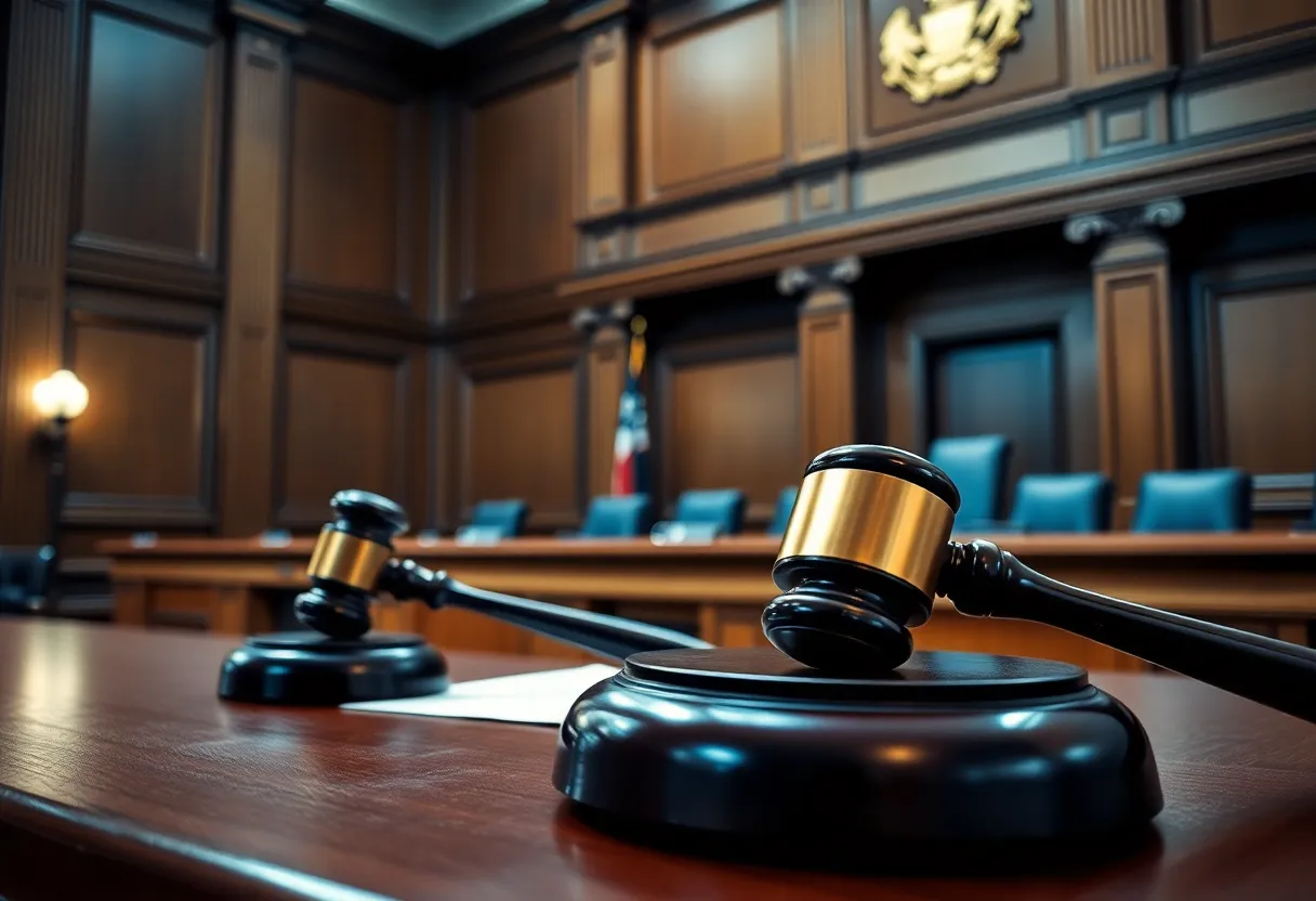 A courtroom with legal documents and a gavel, symbolizing high-profile legal challenges.