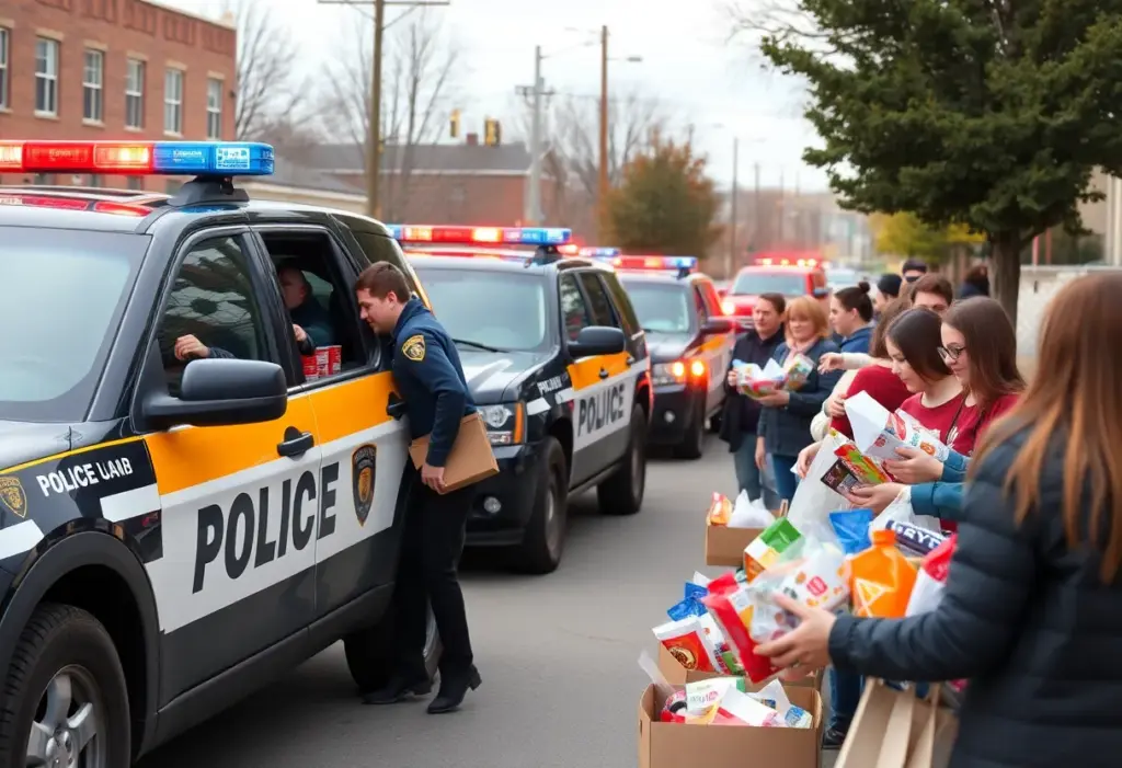 Law enforcement officers collecting food donations for Thanksgiving.