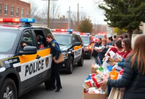 Law enforcement officers collecting food donations for Thanksgiving.