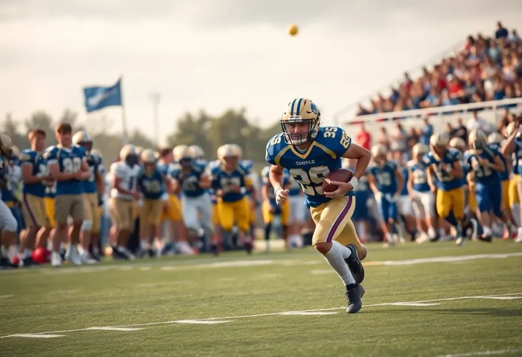 High school running back running down the field during a football game