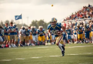 High school running back running down the field during a football game
