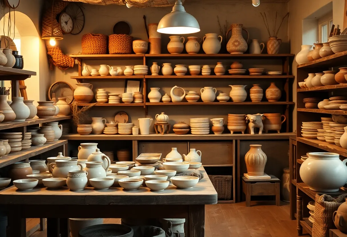 Handmade pottery items from Dirty South Pottery in a studio setting