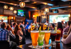 Acoustic duo Ethan and Joey performing live at Tin Roof Lexington, surrounded by an enthusiastic audience enjoying drinks.