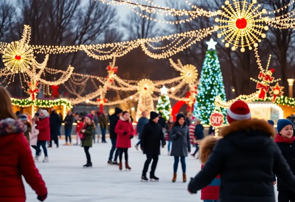People enjoying holiday events in Lexington with lights and performances