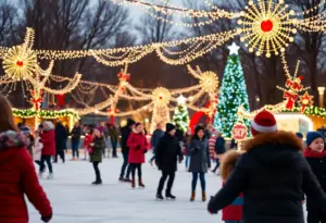 People enjoying holiday events in Lexington with lights and performances