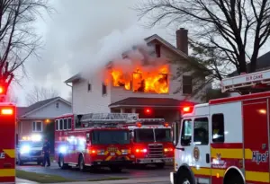 Firefighters extinguishing a fire on Belmont Drive.