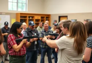 Participants engaged in firearm safety training at Turning Point USA seminar.