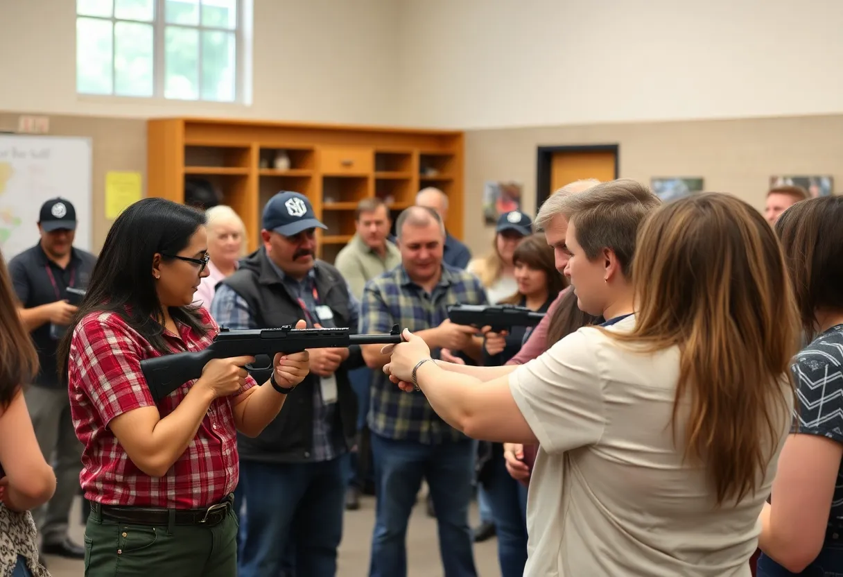 Participants engaged in firearm safety training at Turning Point USA seminar.