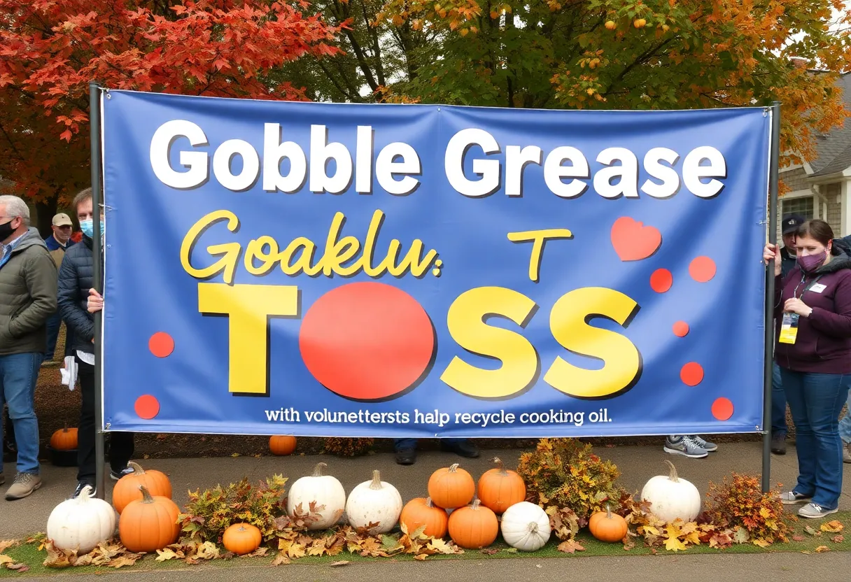 Community members participating in Gobble Grease Toss event to recycle used cooking oil.