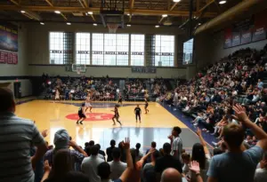Great Crossing High School basketball team playing in a game.