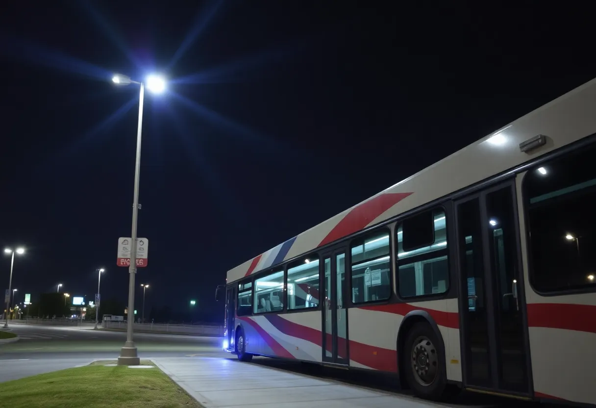 Greyhound bus stop at night in Lexington, Kentucky