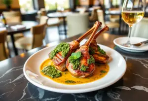 A gourmet plate featuring grilled lamb chops with mint pesto in a modern restaurant.