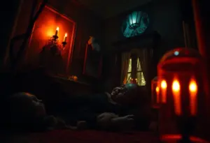 A haunted doll displayed in a dark and eerie environment at a haunted attraction.