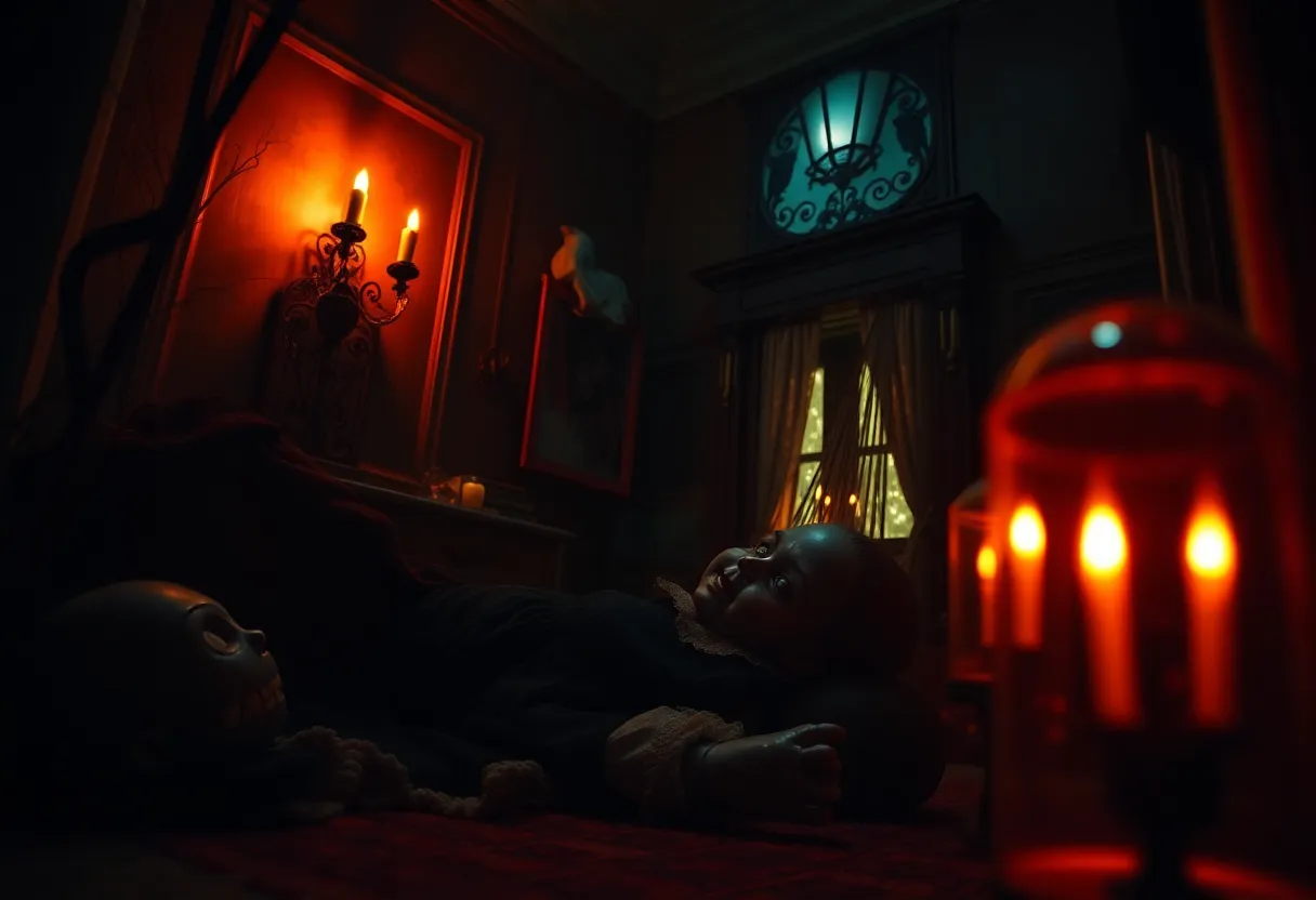 A haunted doll displayed in a dark and eerie environment at a haunted attraction.