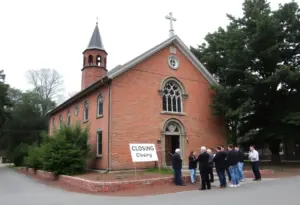 Historic church building sign indicating closure