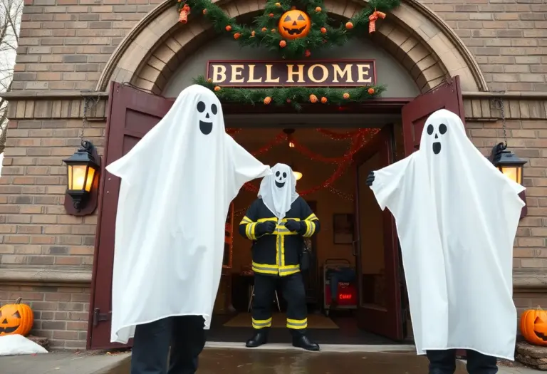 Firefighters in ghost costumes at a historic firehouse