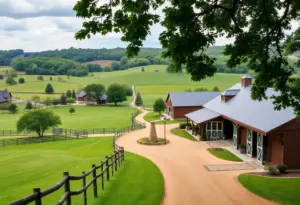Scenic view of a historic thoroughbred farm with green fields and barns
