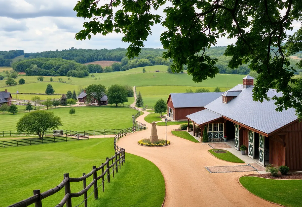 Scenic view of a historic thoroughbred farm with green fields and barns
