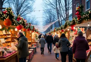 Holiday market in Lexington KY with festive decorations and people shopping.