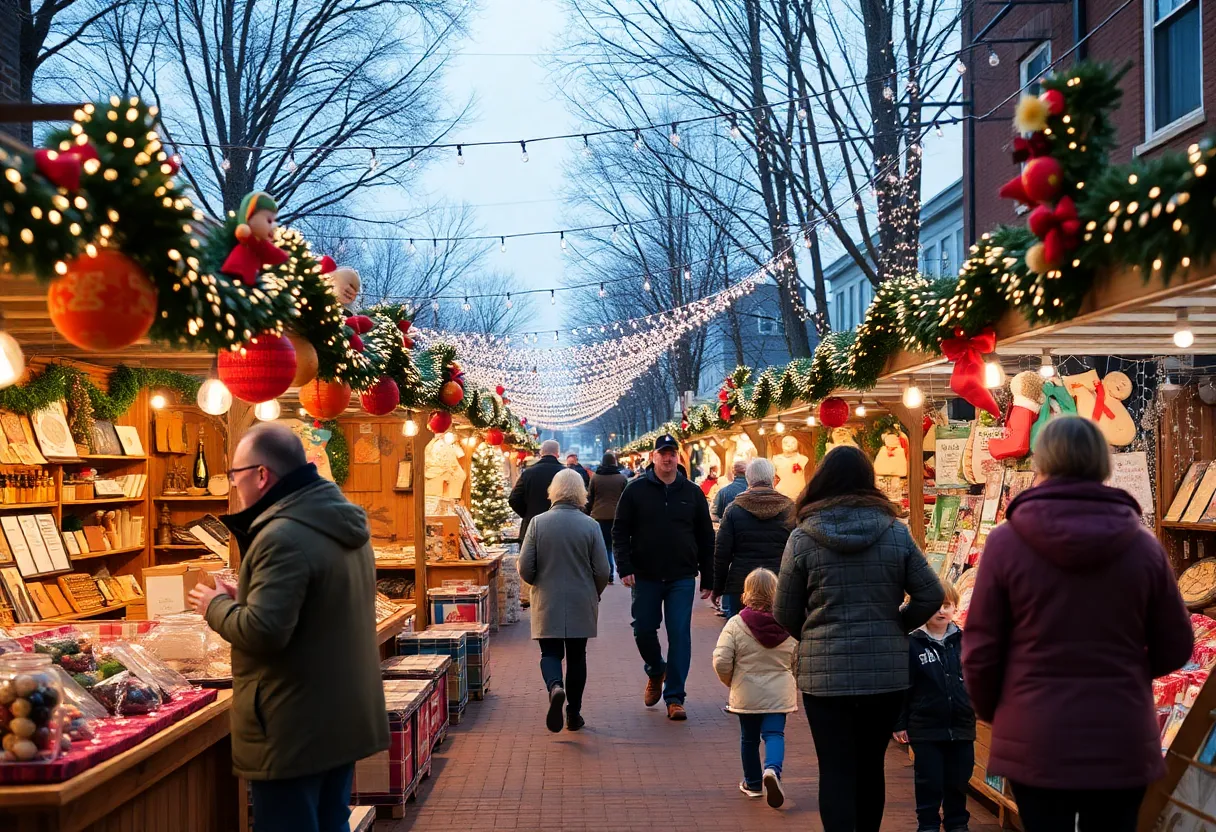 Holiday market in Lexington KY with festive decorations and people shopping.