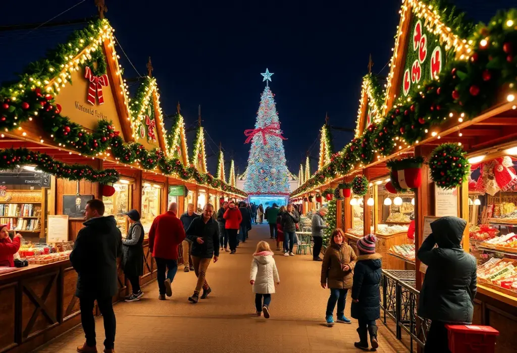 Families enjoying the Holly Day Market at Kentucky Horse Park, with colorful vendor stalls and holiday decorations.